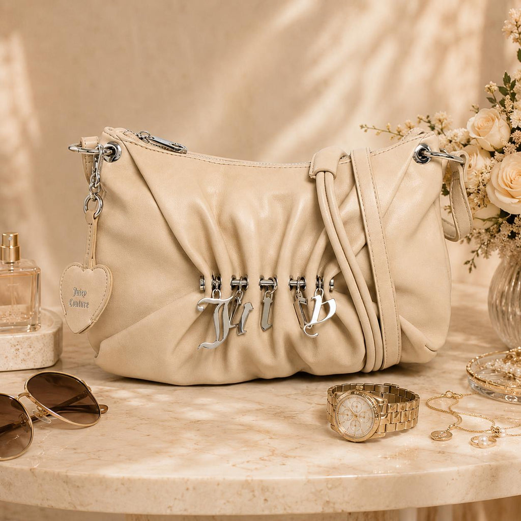 Juicy Couture Marshmallow Jade Shoulder Bag, Cream Ruched Handbag, Silver Charm Logo Purse, Women’s Designer Shoulder Bag