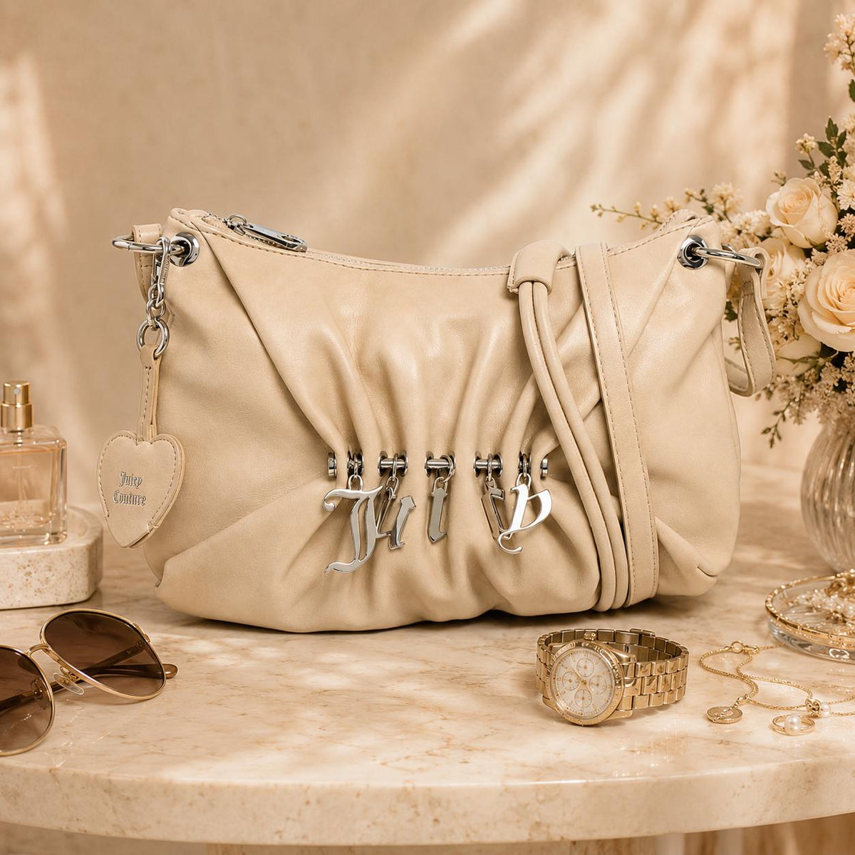 Juicy Couture Marshmallow Jade Shoulder Bag, Cream Ruched Handbag, Silver Charm Logo Purse, Women’s Designer Shoulder Bag