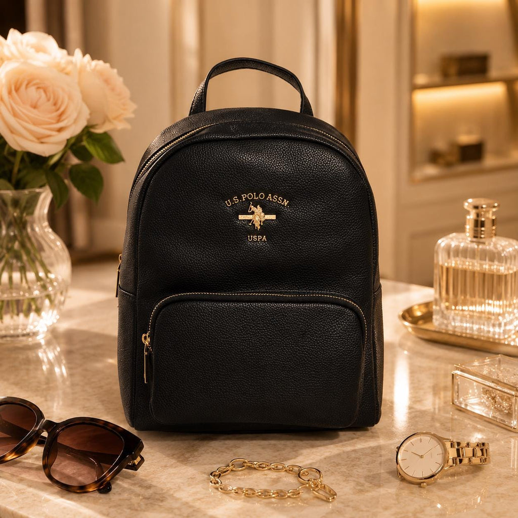 U.S. Polo Assn Black Backpack, Womens Backpack, Gold Hardware Rucksack, Adjustable Shoulder Straps, Everyday Travel Bag