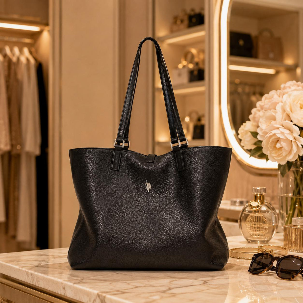 US Polo Assn Black Malibu Tote Bag, Large Womens Shoulder Handbag, Pebbled Everyday Shopper, Silver Logo Work Bag, Gift for Her