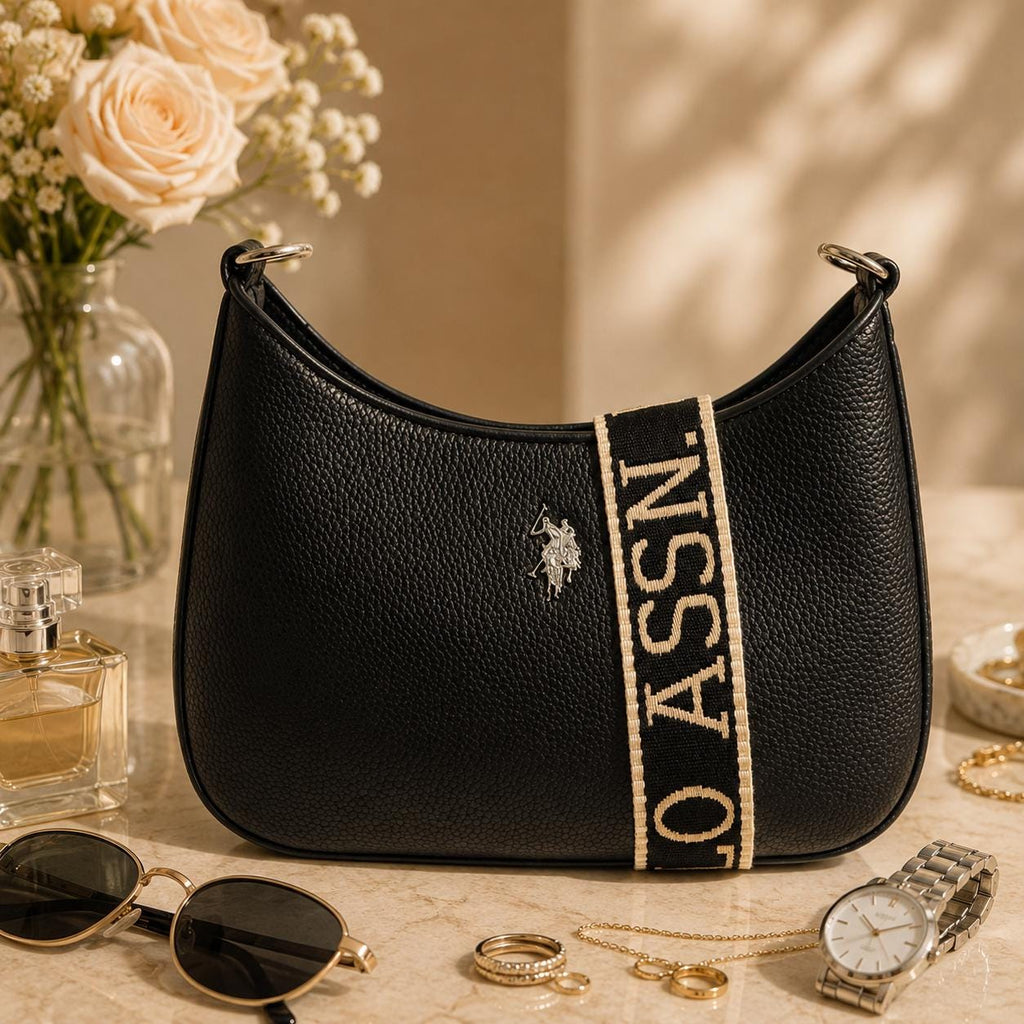 U.S. Polo Assn Black Crossbody Bag, Mansion Shoulder Bag, Women’s Wide Strap Handbag, Everyday Black Bag, Gift for Her