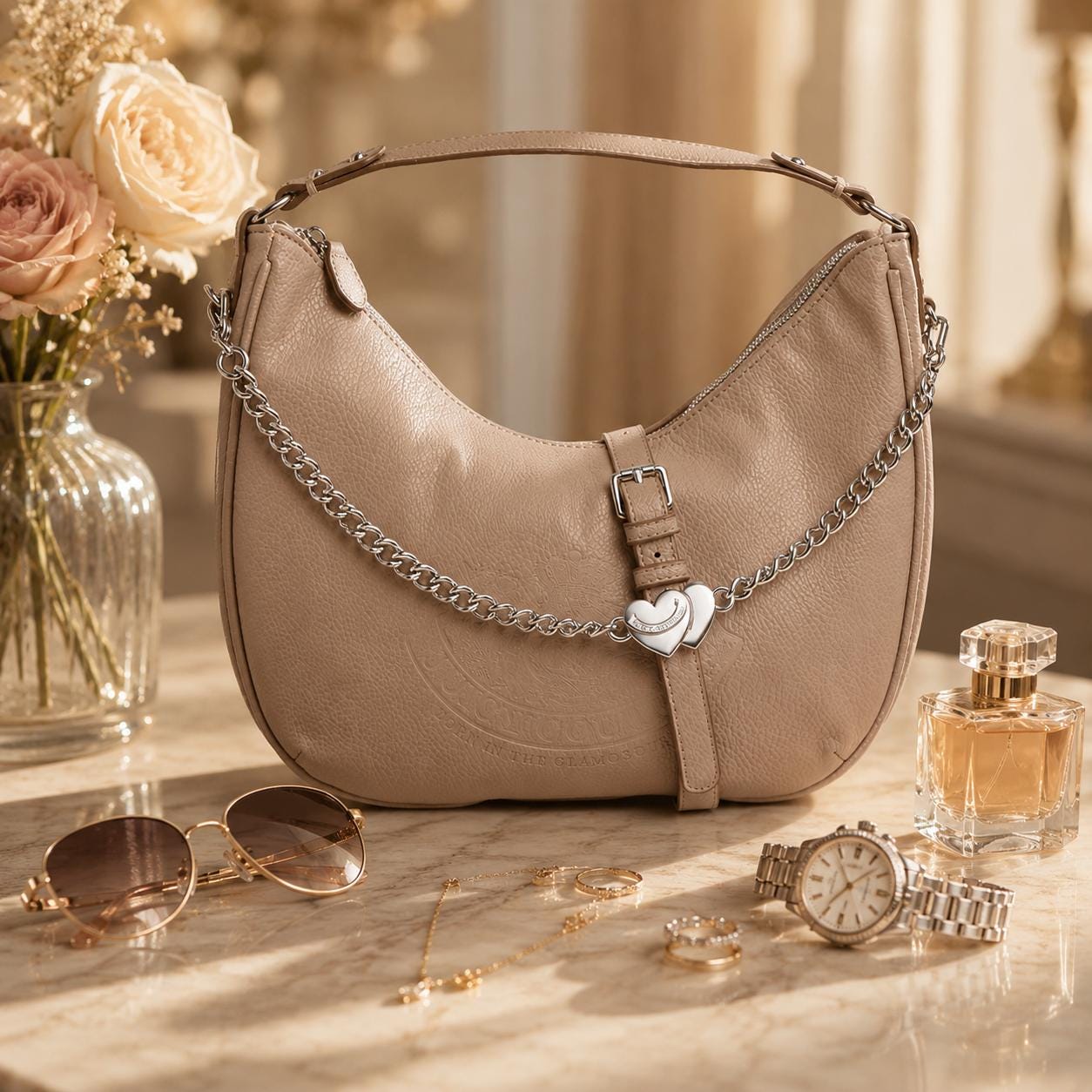 Juicy Couture Taupe Hobo Shoulder Bag, Faux Leather Handbag, Silver Heart Chain Charm Purse, Everyday Bag, Gift for Her