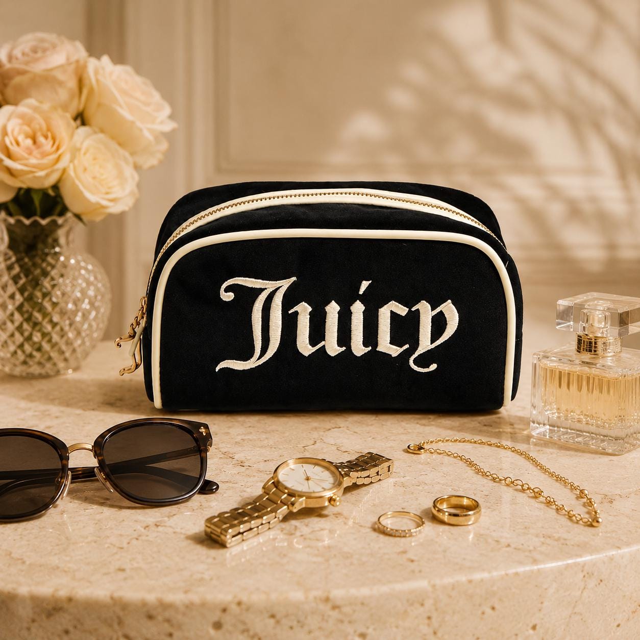 Juicy Couture Black & Cream Velour Cosmetic Bag, Embroidered Logo Makeup Bag, Luxury Beauty Case, Toiletry Bag, Gift for Her