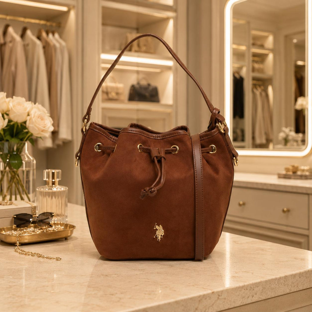 U.S. Polo Assn. Brown Bucket Bag, Suede Look Shoulder Bag, Drawstring Handbag, Gold Logo Purse, Womens Everyday Bag, Gift for Her