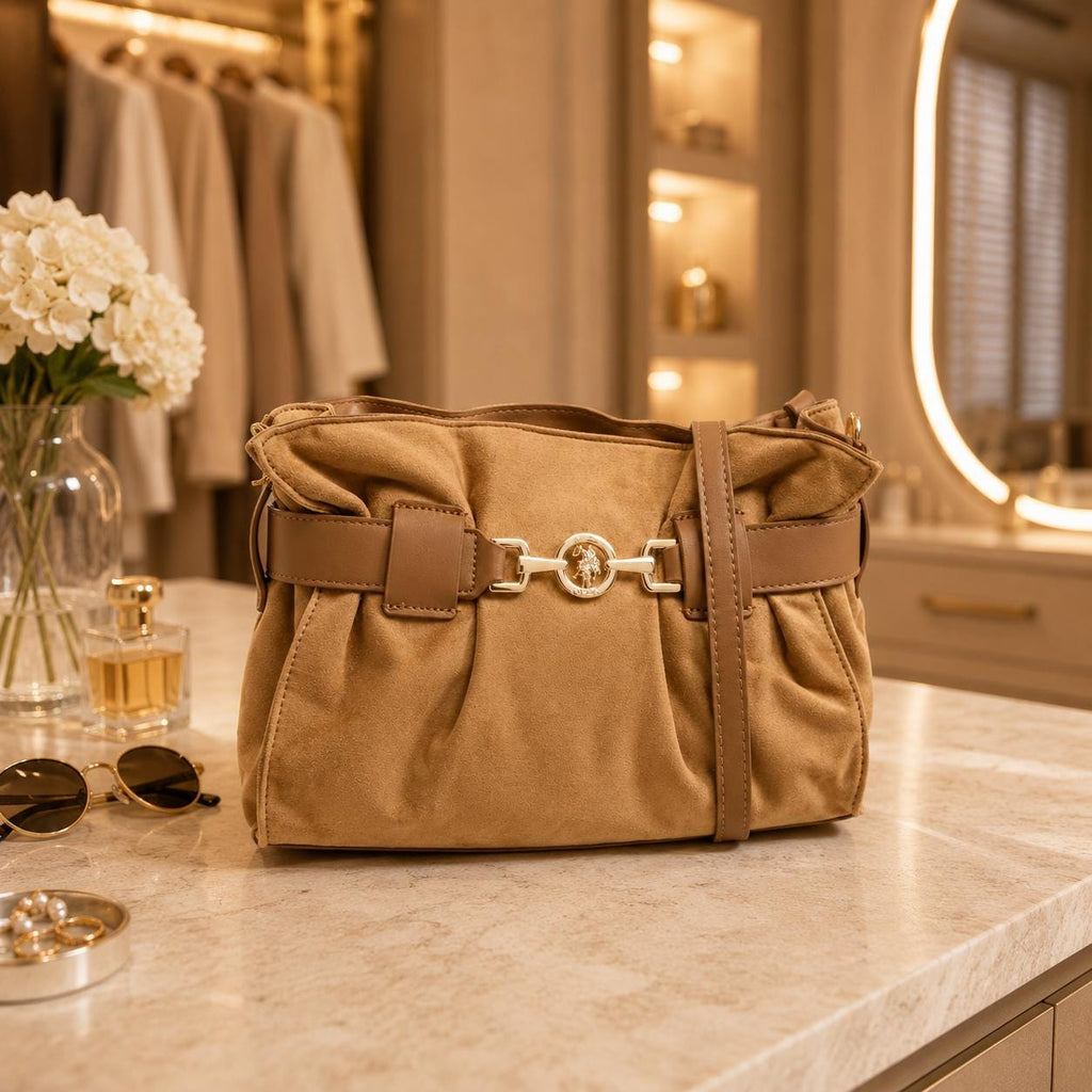US Polo Assn Light Brown Crossbody Bag, Jane Shoulder Handbag, Gold Horsebit Purse, Adjustable Strap Bag, Everyday Bag, Gift for Her
