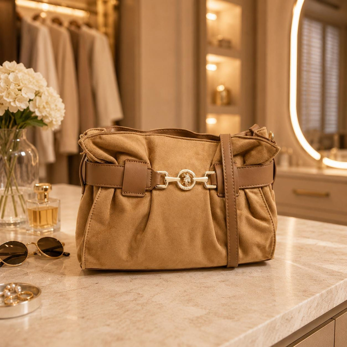 US Polo Assn Light Brown Crossbody Bag, Jane Shoulder Handbag, Gold Horsebit Purse, Adjustable Strap Bag, Everyday Bag, Gift for Her
