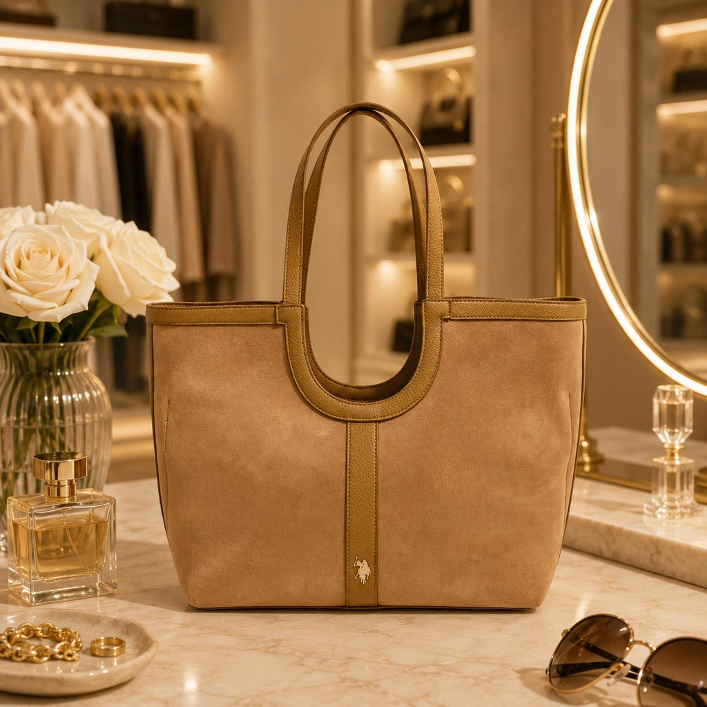 U.S. Polo Assn. Tan Tote Bag, Large Shoulder Bag, Suede Look Handbag, Womens Work Shopper, Everyday Bag, Gift for Her