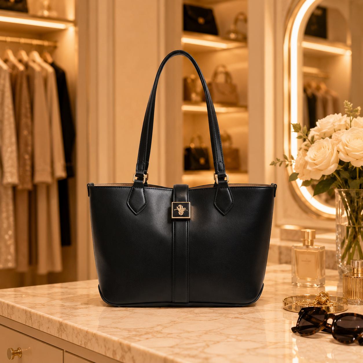 US Polo Assn Black Margaret Tote Bag, Womens Large Shoulder Handbag, Gold Logo Work Shopper Bag with Pouch, Gift for Her