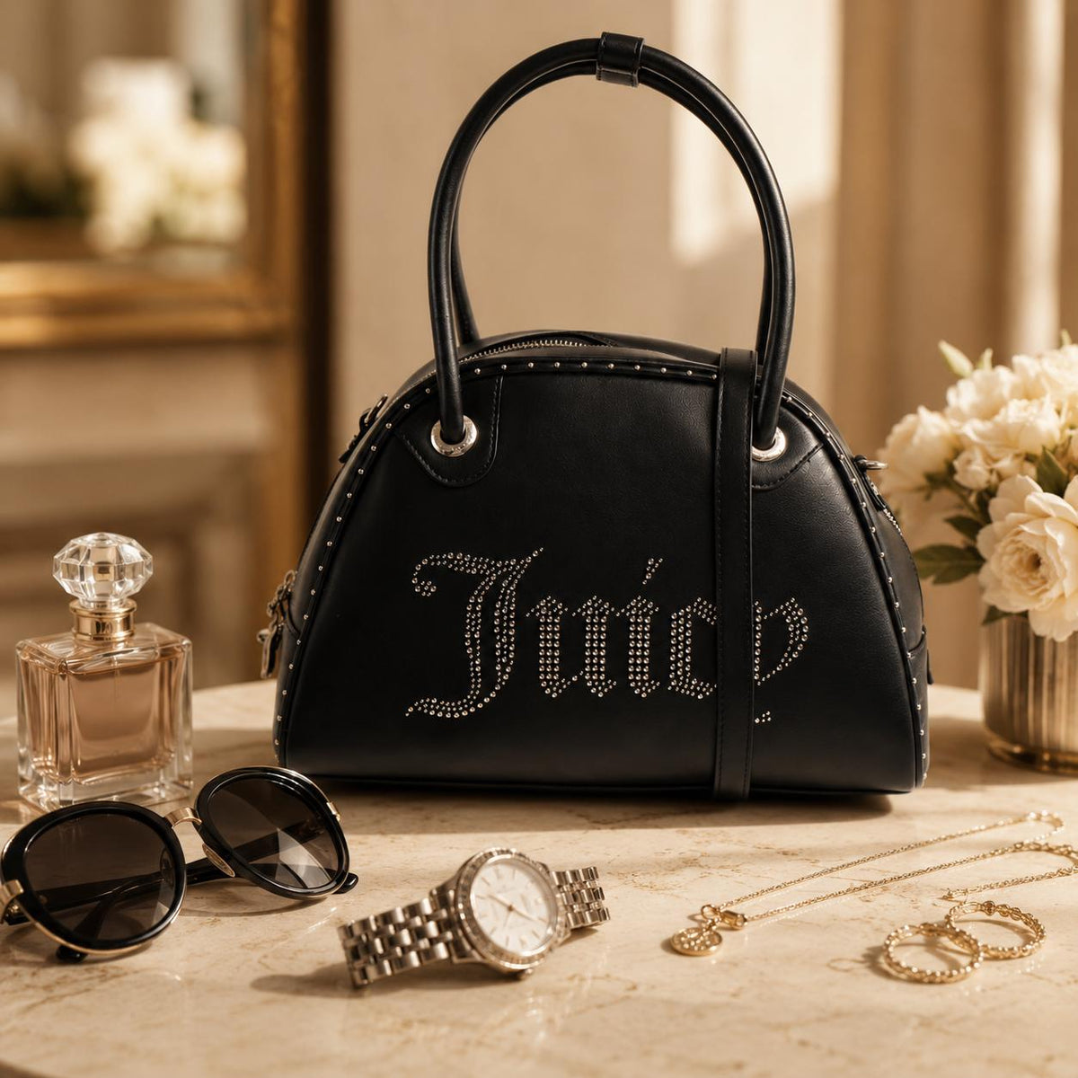 Juicy Couture Black Kimberly Bowling Bag, Studded Logo Handbag, Black Shoulder Bag, Silver Hardware Designer Bag