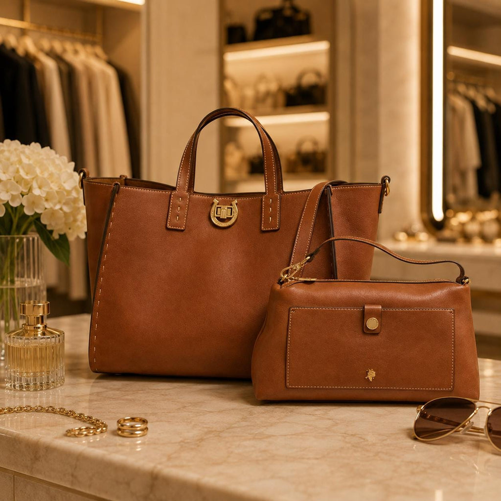 U.S. Polo Assn Brown Tote Bag Set, Womens Shoulder Bag & Crossbody, 2 Piece Handbag Set, Faux Leather Everyday Bag, Gift for Her