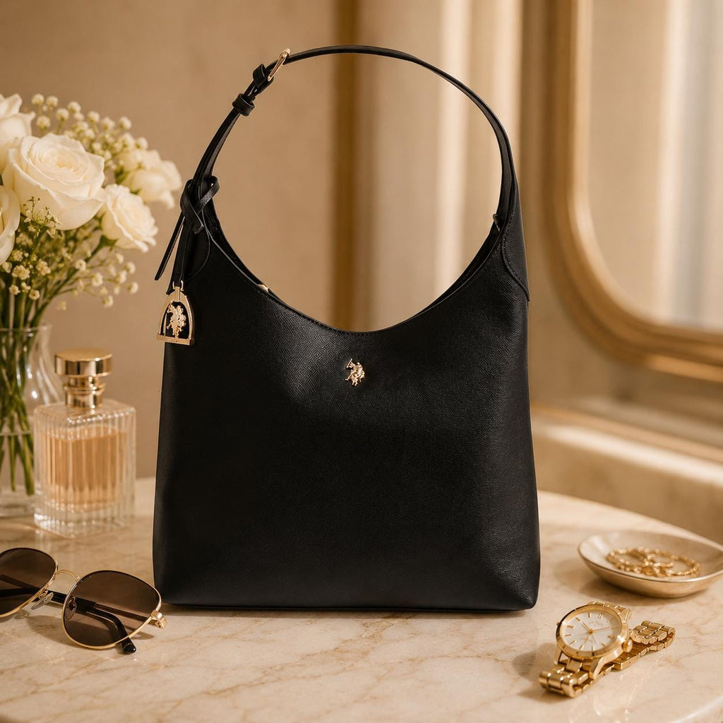 US Polo Assn Black Jones Hobo Shoulder Bag | Women’s Black Handbag | Gold Logo Top Handle Bag | Everyday Designer Style Gift