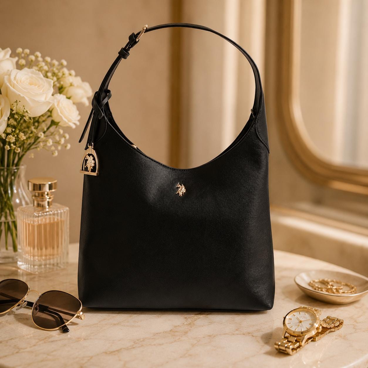 US Polo Assn Black Jones Hobo Shoulder Bag | Women’s Black Handbag | Gold Logo Top Handle Bag | Everyday Designer Style Gift