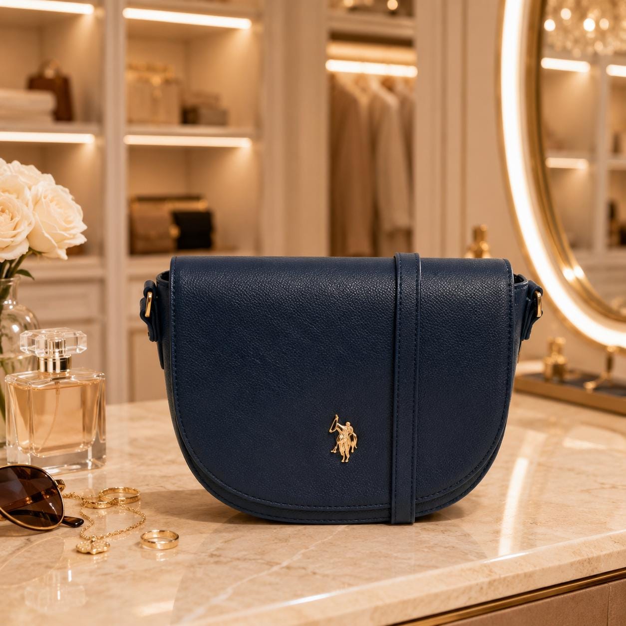 US Polo Assn Navy Crossbody Bag, Jones Shoulder Handbag, Adjustable Strap Purse, Gold Logo Saddle Bag, Gift for Her