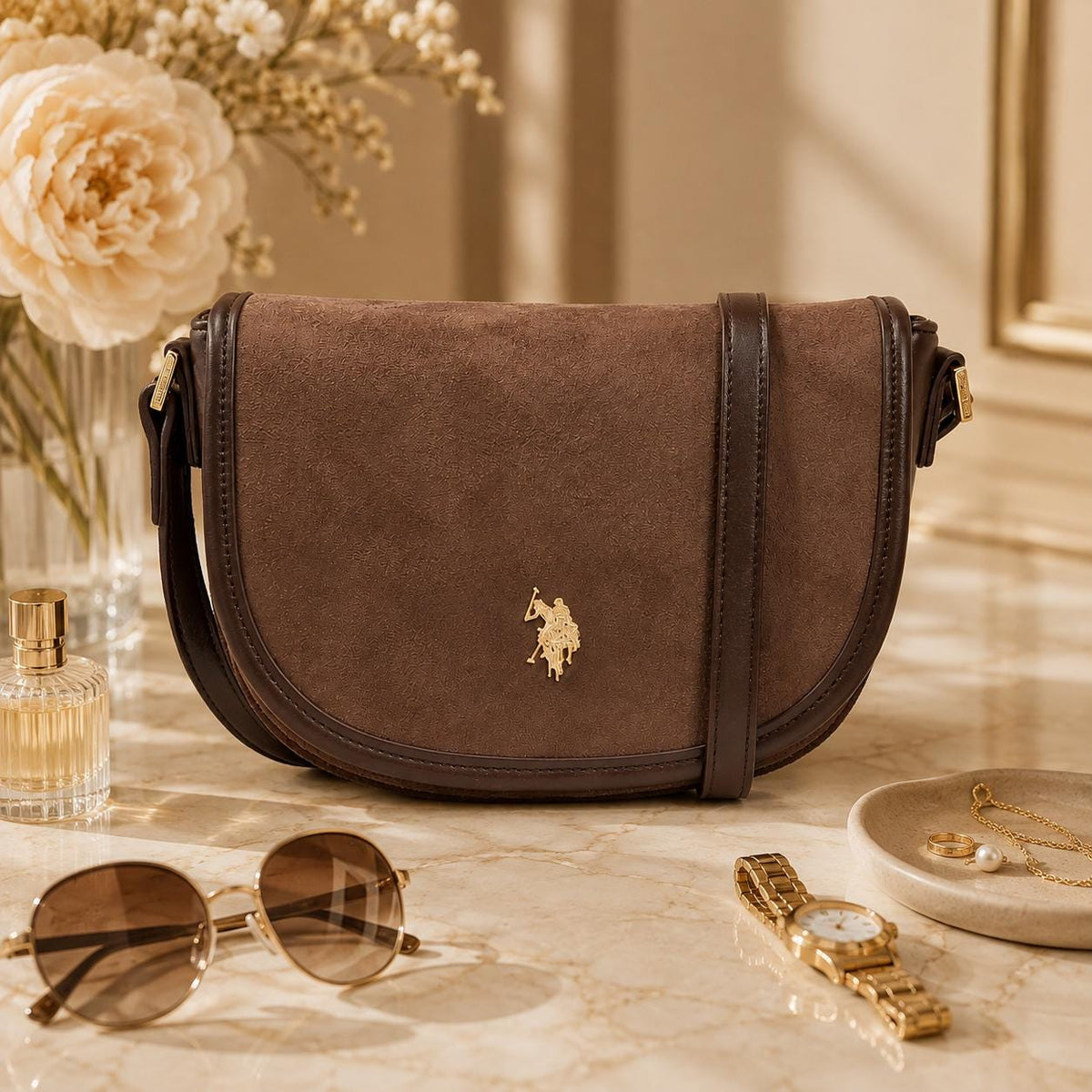 U.S. Polo Assn Dark Brown Crossbody Bag, Jones Flap Shoulder Bag, Adjustable Strap Handbag, Gold Logo Purse, Gift for Her