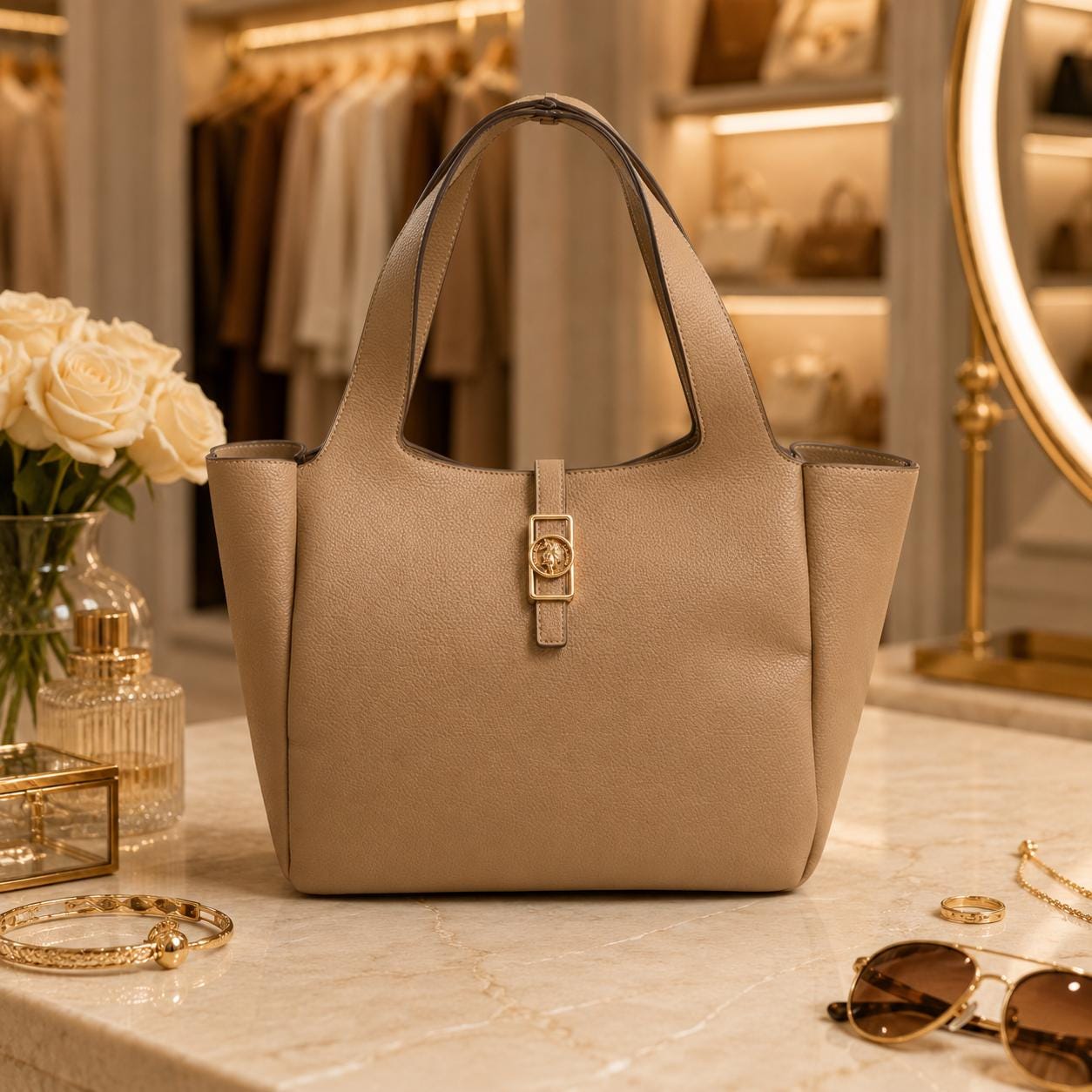 U.S. Polo Assn Taupe Tote Bag, Large Stone Shopping Bag, Structured Shoulder Handbag, Gold Hardware, Everyday Bag for Women