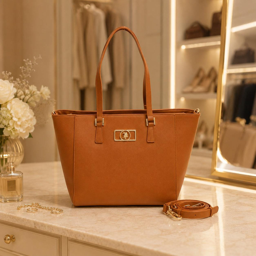 US Polo Assn Burnt Orange Shopper Bag, Large Tote Handbag, Crossbody Shoulder Bag, Detachable Strap, Gold Logo Bag