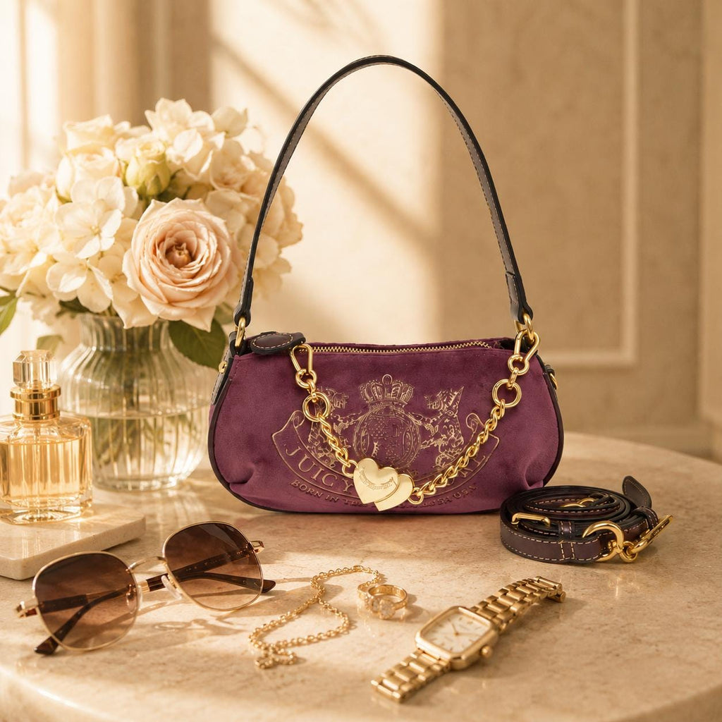 Juicy Couture Purple Velour Shoulder Bag, Gold Chain Heart Charm Crossbody Handbag, Detachable Strap, Women’s Designer Bag