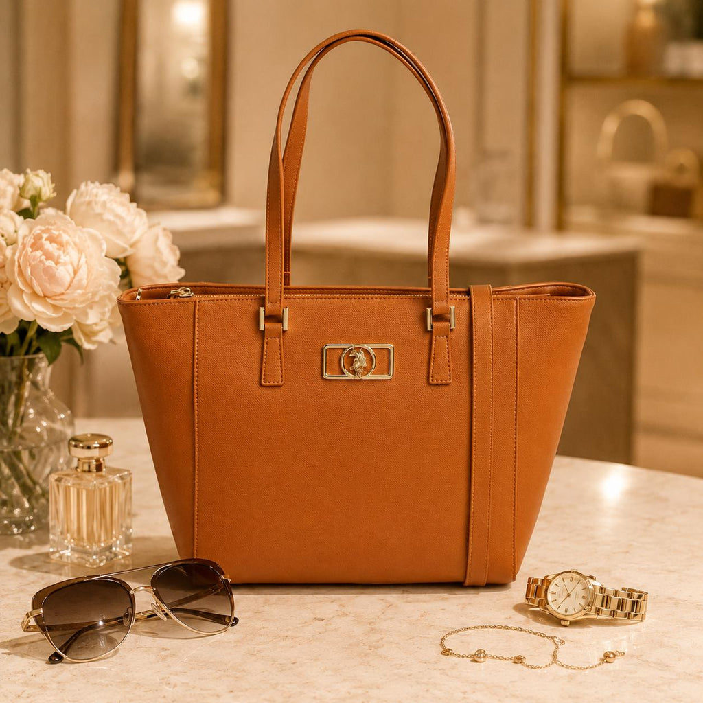 U.S. Polo Assn Tan Tote Bag, Large Shoulder Handbag, Brown Everyday Bag, Gold Logo Work Tote, Womens Shopper Bag, Gift for Her