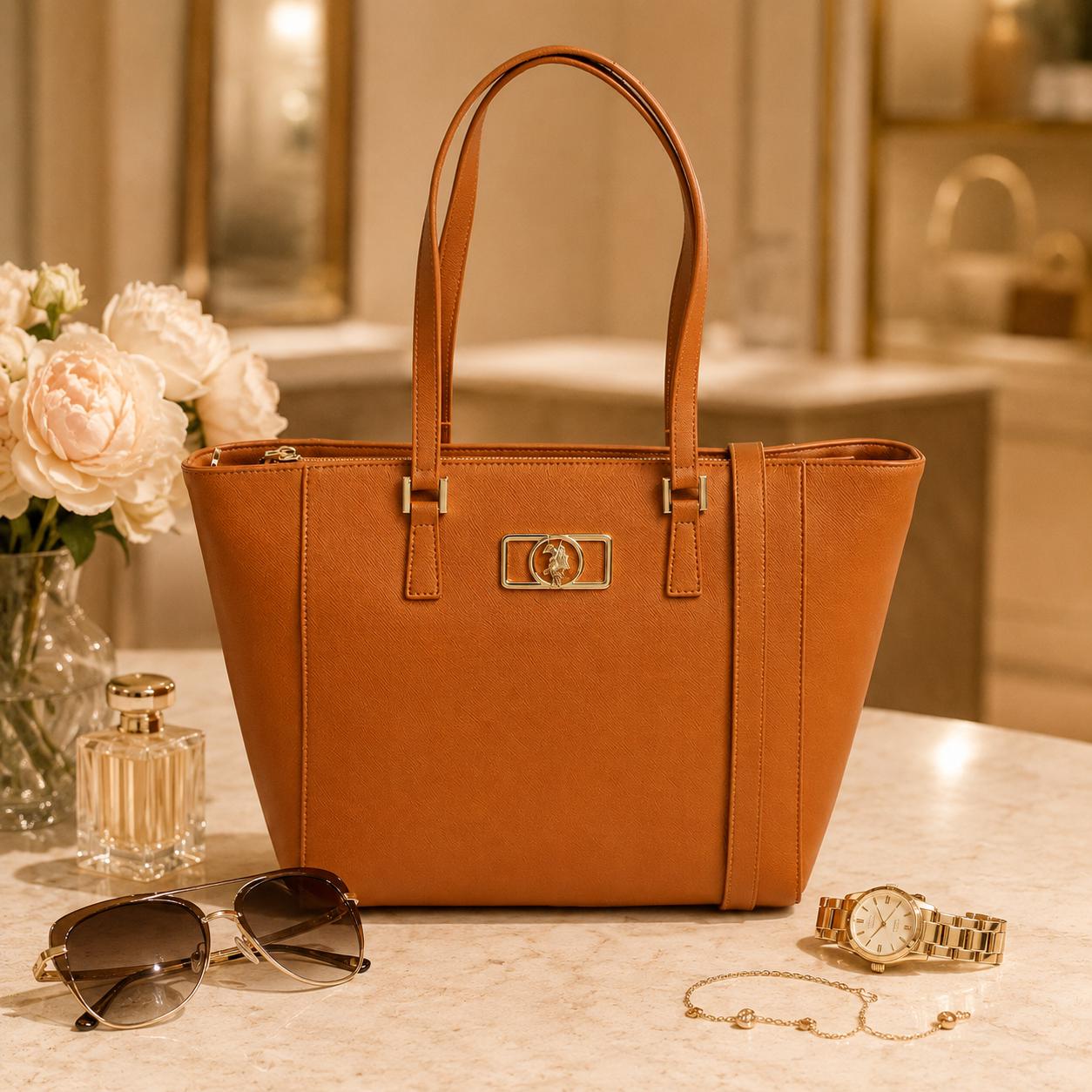 U.S. Polo Assn Tan Tote Bag, Large Shoulder Handbag, Brown Everyday Bag, Gold Logo Work Tote, Womens Shopper Bag, Gift for Her