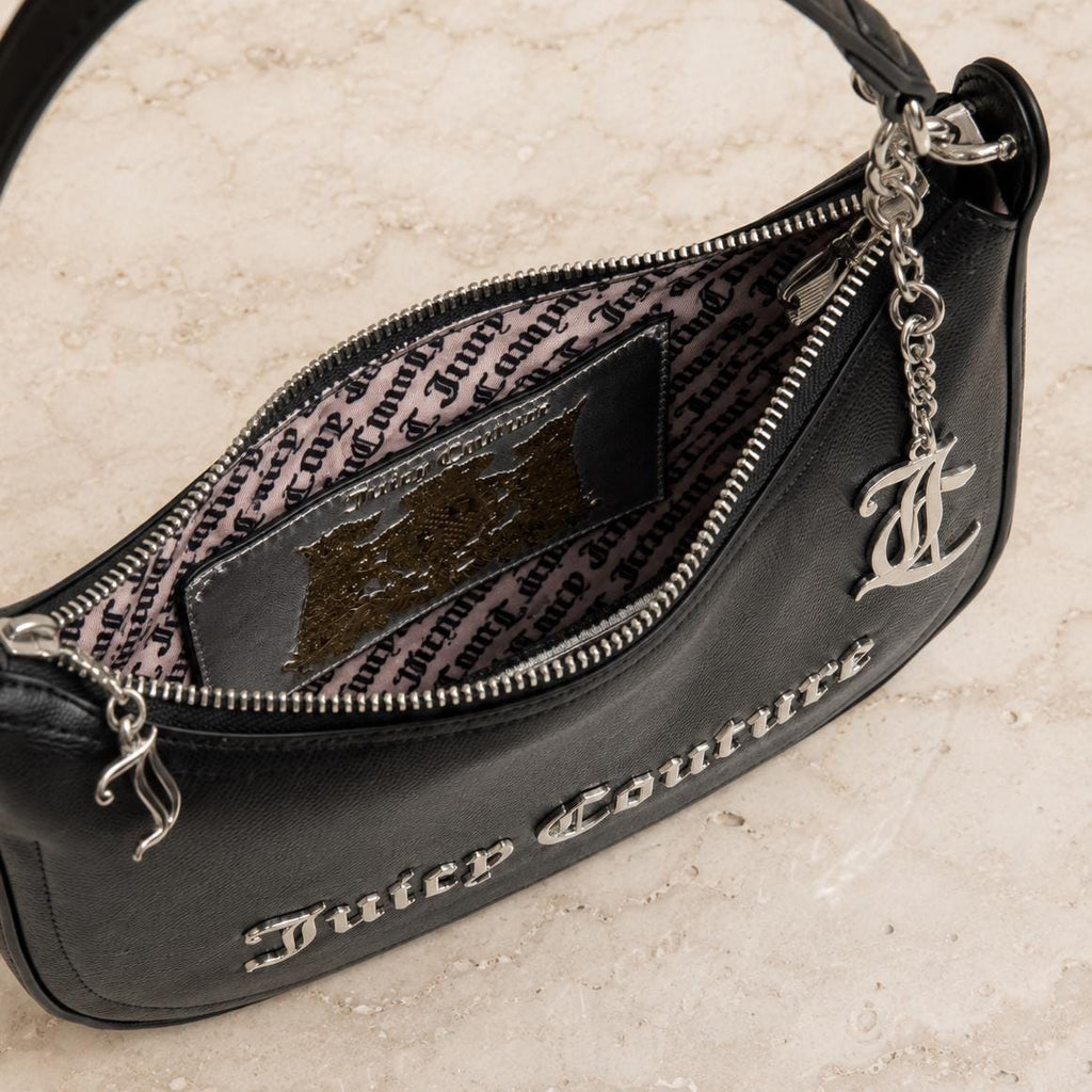 Juicy Couture Black Jasmine Shoulder Bag, Silver Chain Charm Handbag, Logo Zip Purse, Women’s Designer Bag, Gift for Her