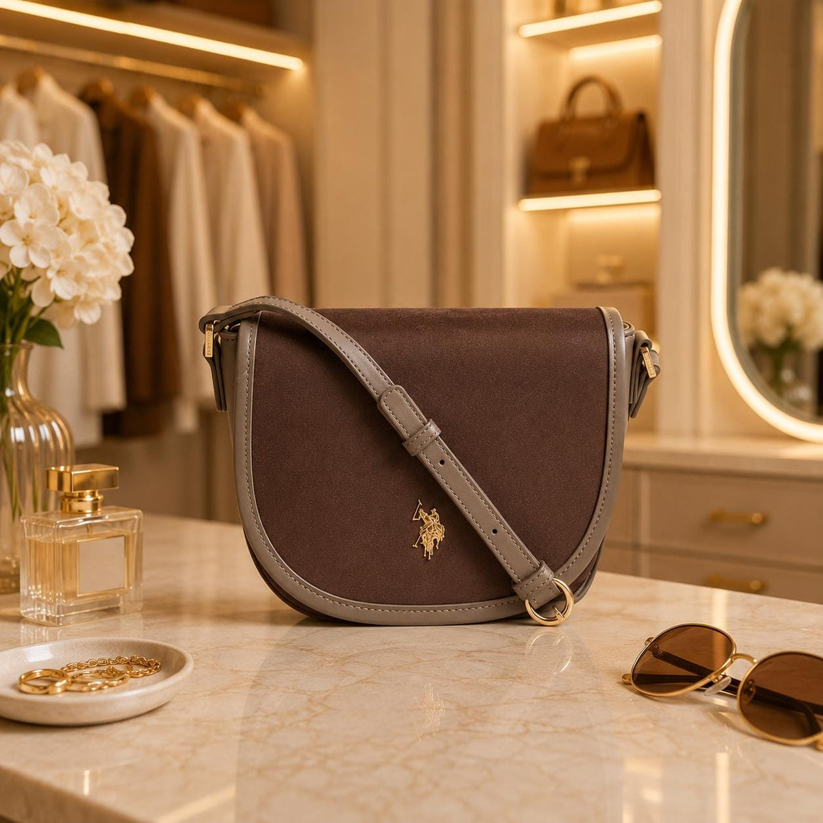 U.S. Polo Assn. Taupe Crossbody Bag, Jones Saddle Shoulder Bag, Adjustable Strap Handbag, Gold Logo Purse, Gift for Her