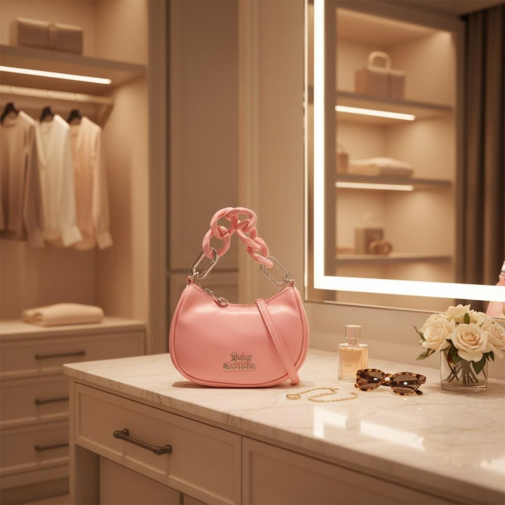 Juicy Couture Pink Grab Bag, Pink Shoulder Bag, Chunky Chain Handbag, Faux Leather Purse, Detachable Strap, Gift for Her