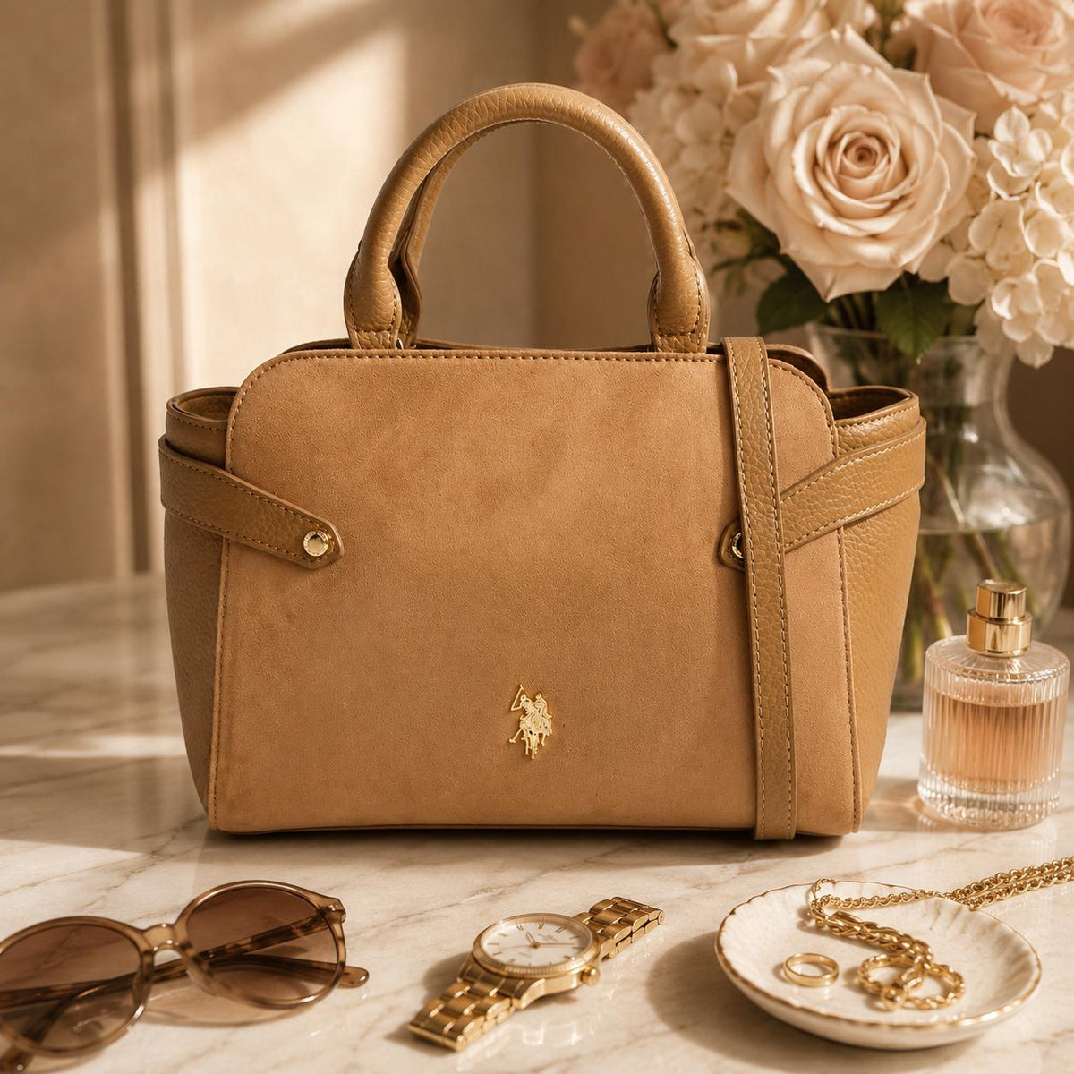 U.S. Polo Assn. Tan Grab Bag, Camel Shoulder Handbag, Suede Look Top Handle Bag, Crossbody Purse, Gold Logo Bag, Gift for Her