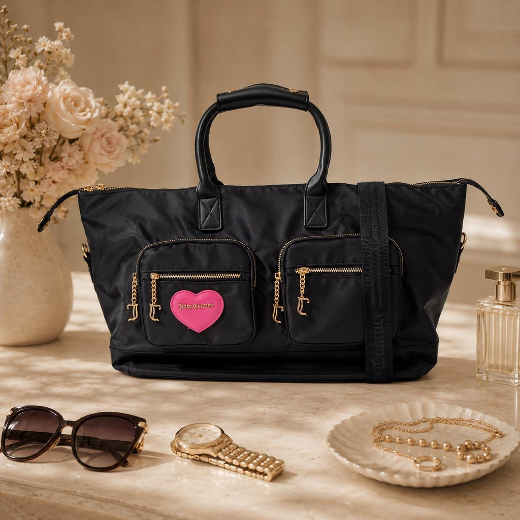 Juicy Couture Black Heart Weekend Bag, Large Black Travel Bag, Pink Heart Logo, Gold Tone Hardware, Shoulder Holdall