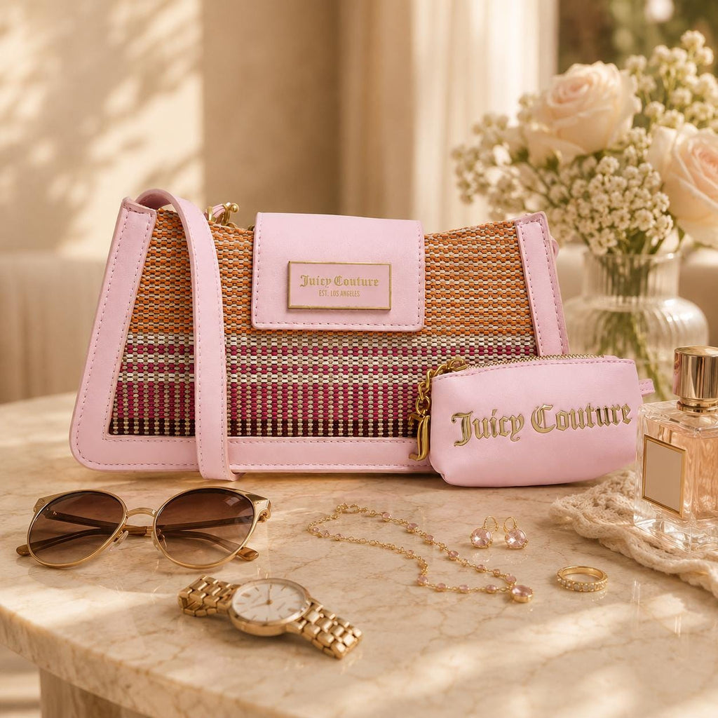 Juicy Couture Pink Shoulder Bag & Pouch, Woven Multicolour Handbag, Gold Chain Strap Purse, Detachable Coin Pouch, Gift for Her