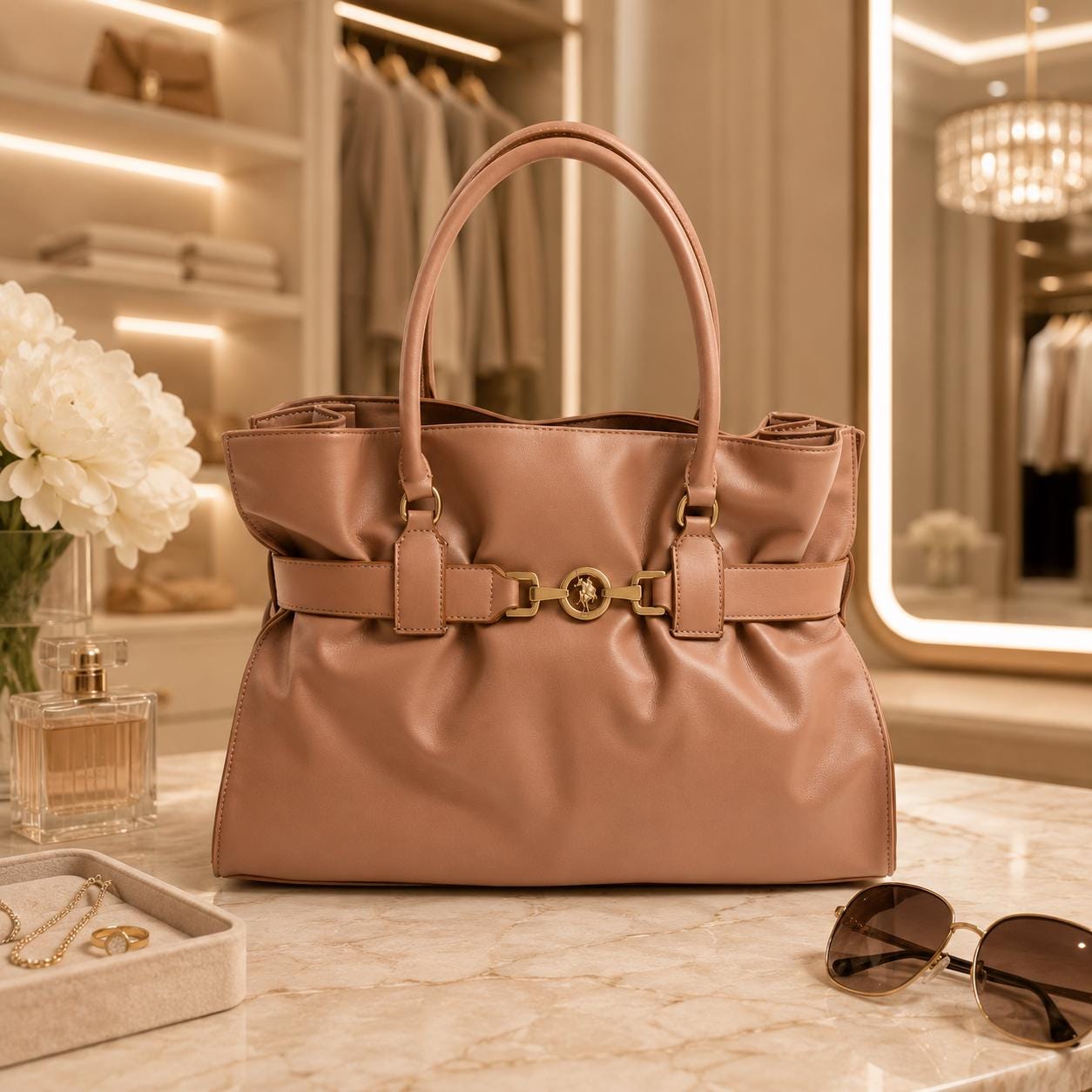 US Polo Assn Peach Tote Bag, Jane Large Shoulder Handbag, Gold Horsebit Shopper Bag, Everyday Womens Purse, Gift for Her