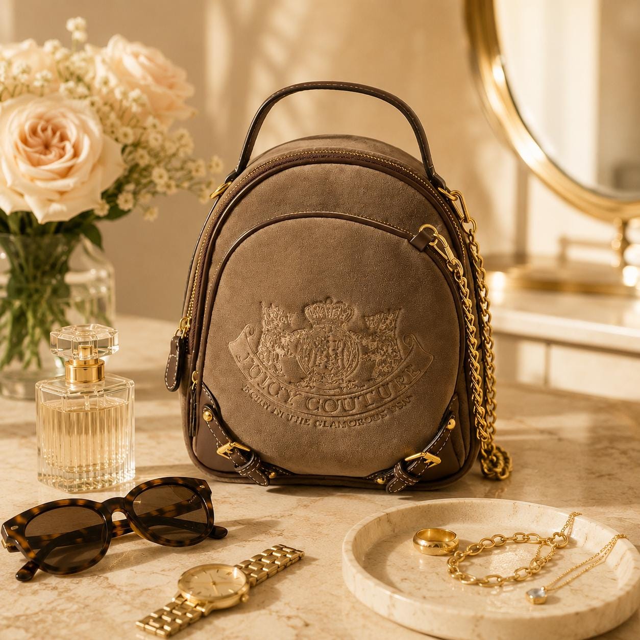 Juicy Couture Brown Plush Mini Backpack, Embroidered Logo Backpack, Gold Tone Chain Bag, Women’s Designer Style Backpack