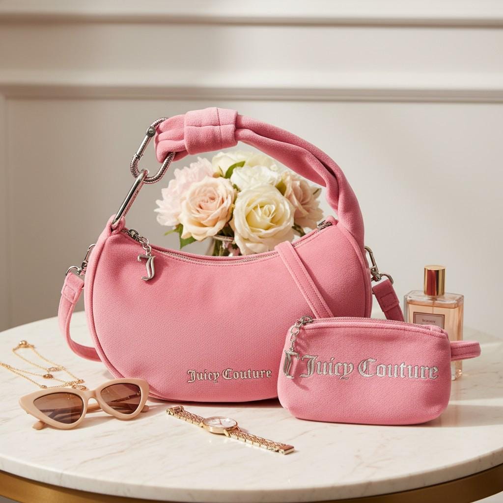 Juicy Couture Pink Blossom Shoulder Bag, Pink Velour Handbag, Womens Purse, Detachable Strap, Birthday Gift for Her