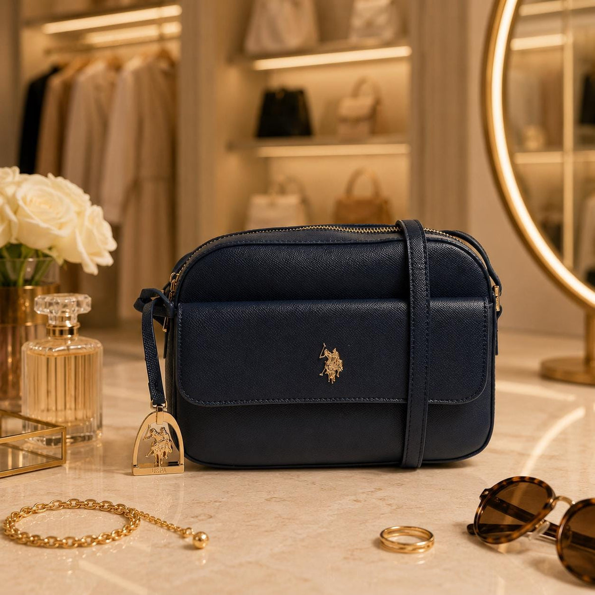 U.S. Polo Assn Navy Crossbody Bag, Blue Shoulder Handbag, Gold Logo Purse, Adjustable Strap Camera Bag, Gift for Her