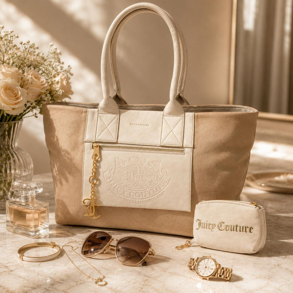 Juicy Couture Beige Tote Bag, Cream Shoulder Bag with Matching Pouch, Gold Charm Large Handbag, Designer Gift for Her