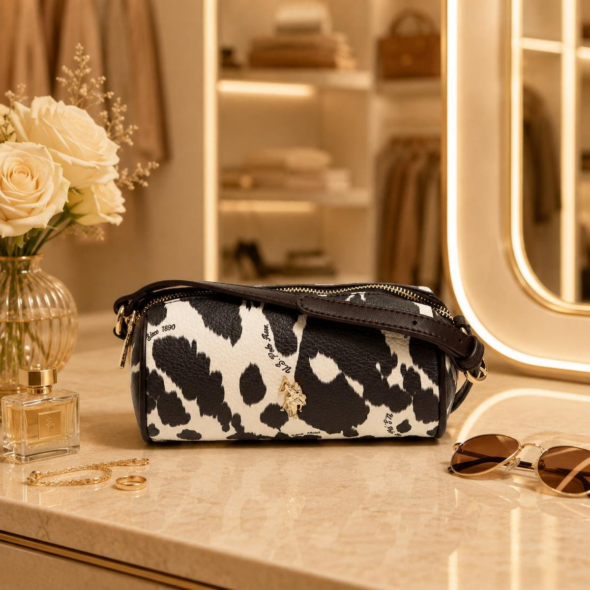 US Polo Assn Cow Print Crossbody Bag, Brown & Cream Shoulder Bag, Adjustable Strap Handbag, Gold Charm Purse, Gift for Her