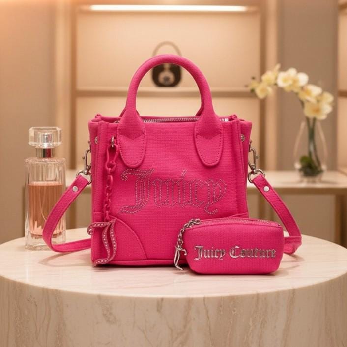 Juicy Couture Pink Iris Tote, Rhinestone Logo Handbag, Pink Shoulder Purse