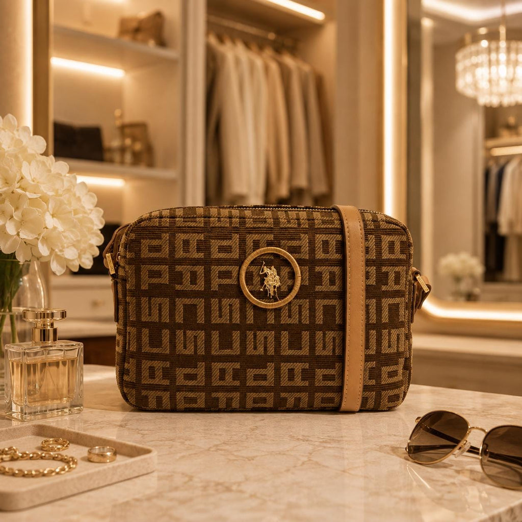 US Polo Assn Brown Jacquard Crossbody Bag, Monogram Shoulder Handbag, Tan Logo Purse, Adjustable Strap Bag, Gift for Her