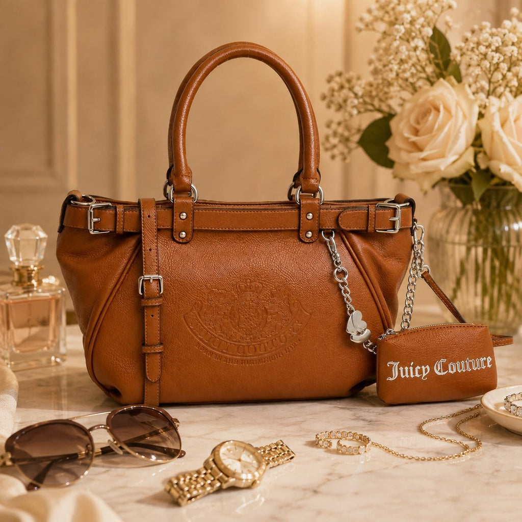 Juicy Couture Tan Shoulder Bag, Twig Narrative Handbag, Brown Crossbody Bag with Pouch, Silver Charm Designer Bag