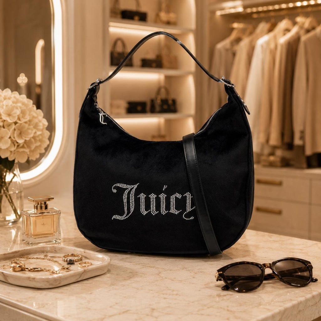 Juicy Couture Black Velour Shoulder Bag, Rhinestone Logo Hobo Bag, Detachable Pouch Handbag, Black Designer Purse, Gift for Her