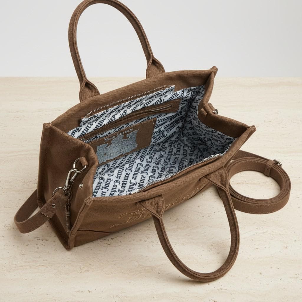 Juicy Couture Brown Tote Bag, Large Canvas Shoulder Bag, Embellished Logo Handbag, Detachable Strap, Womens Everyday Bag
