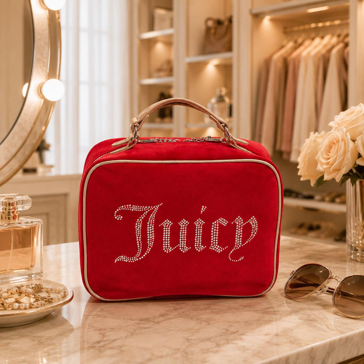 Juicy Couture Red Iris Beauty Case, Rhinestone Makeup Bag, Velvet Cosmetic Case, Large Makeup Organiser, Gift for Her