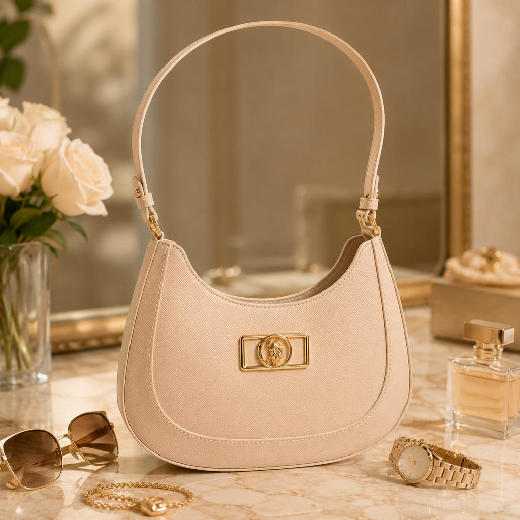 U.S. Polo Assn Pink Shoulder Bag, Faux Leather Handbag, Gold Logo Purse, Pink Hobo Bag, Womens Everyday Bag, Gift for Her