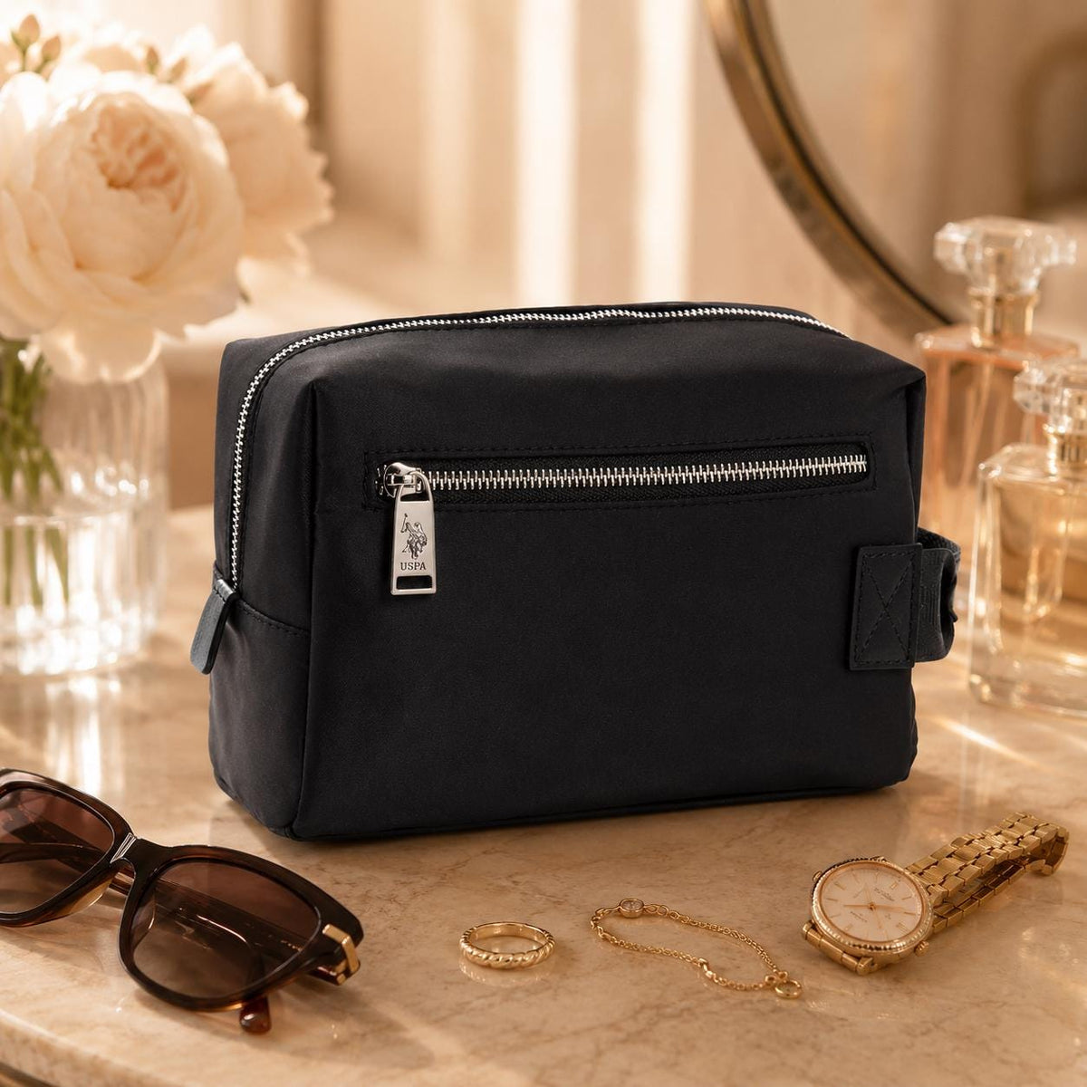 U.S. Polo Assn. Black Cosmetic Bag, Makeup Toiletry Bag, Travel Beauty Organiser, Zip Wash Bag, Makeup Storage, Gift for Her