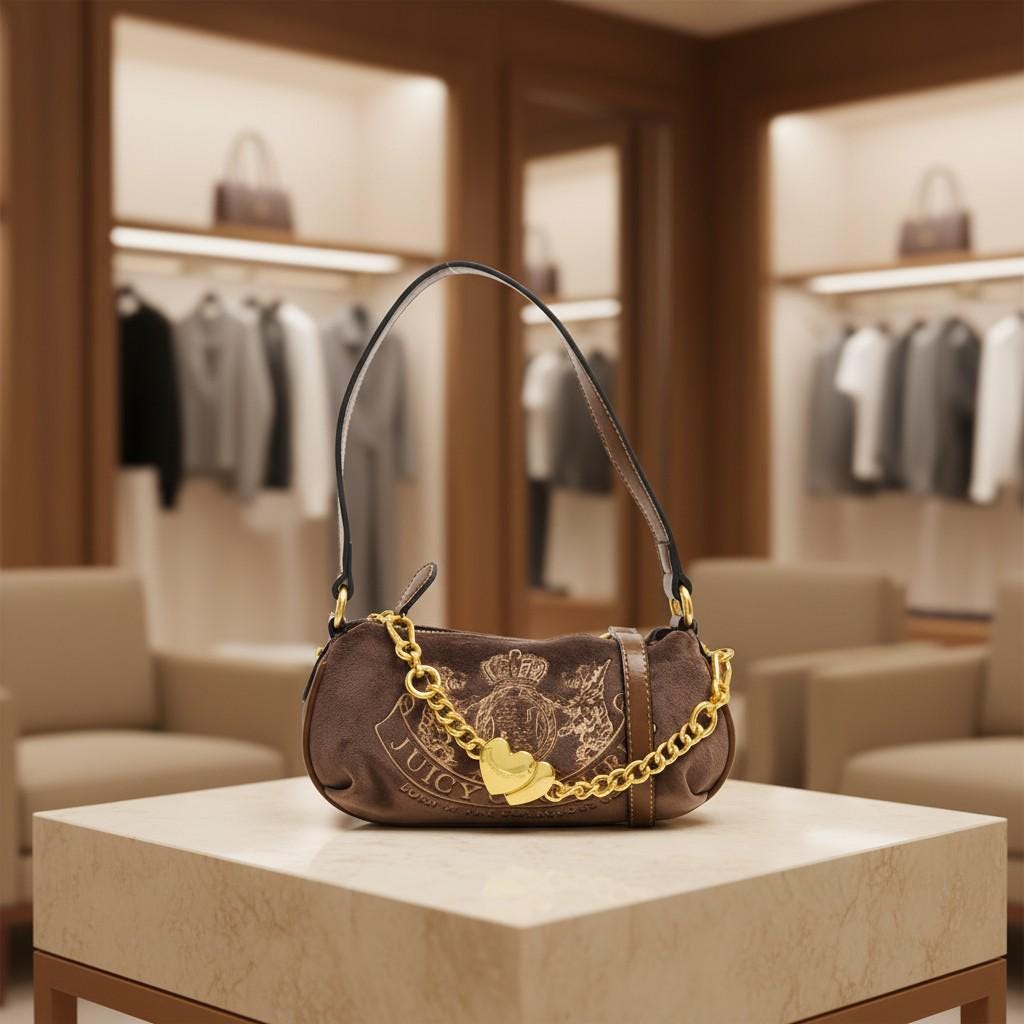 Juicy Couture Brown Shoulder Bag, Gold Chain Heart Charm, Embroidered Logo Handbag, Gift for Her