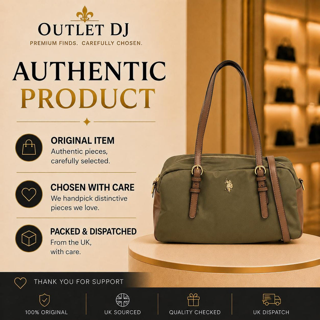 US Polo Assn Khaki Bowling Bag, Olive Green Shoulder Bag, Brown Trim Satchel, Gold Hardware Handbag, Everyday Bag for Women