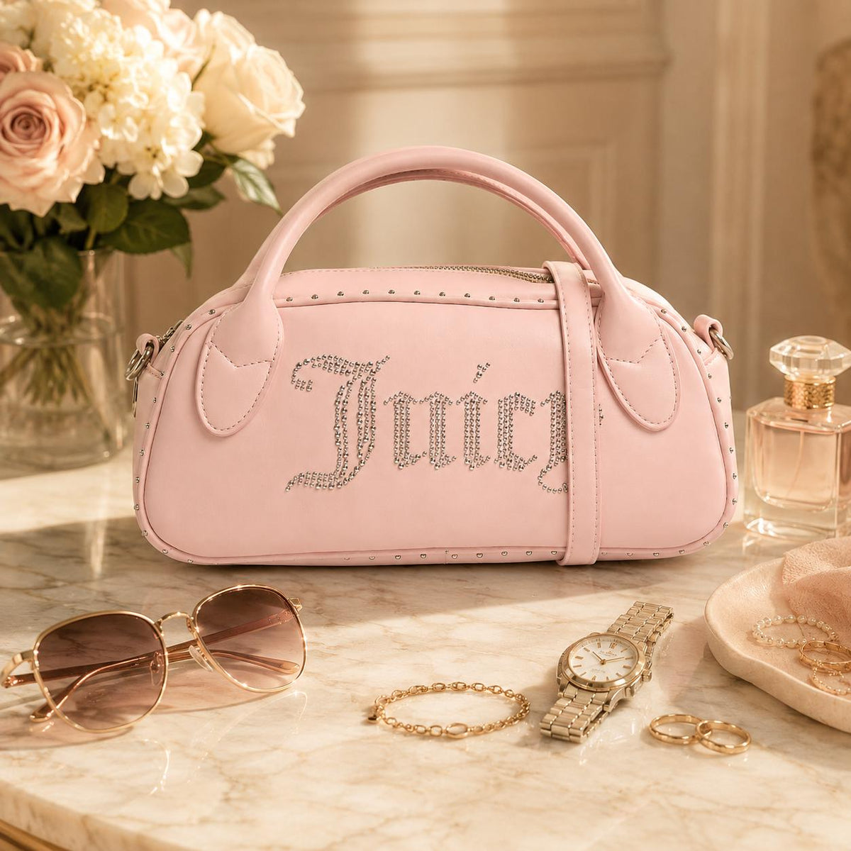 Juicy Couture Light Pink Shoulder Bag, Rhinestone Logo Handbag, Pink Crossbody Bag, Kimberly Top Handle Purse, Gift for Her