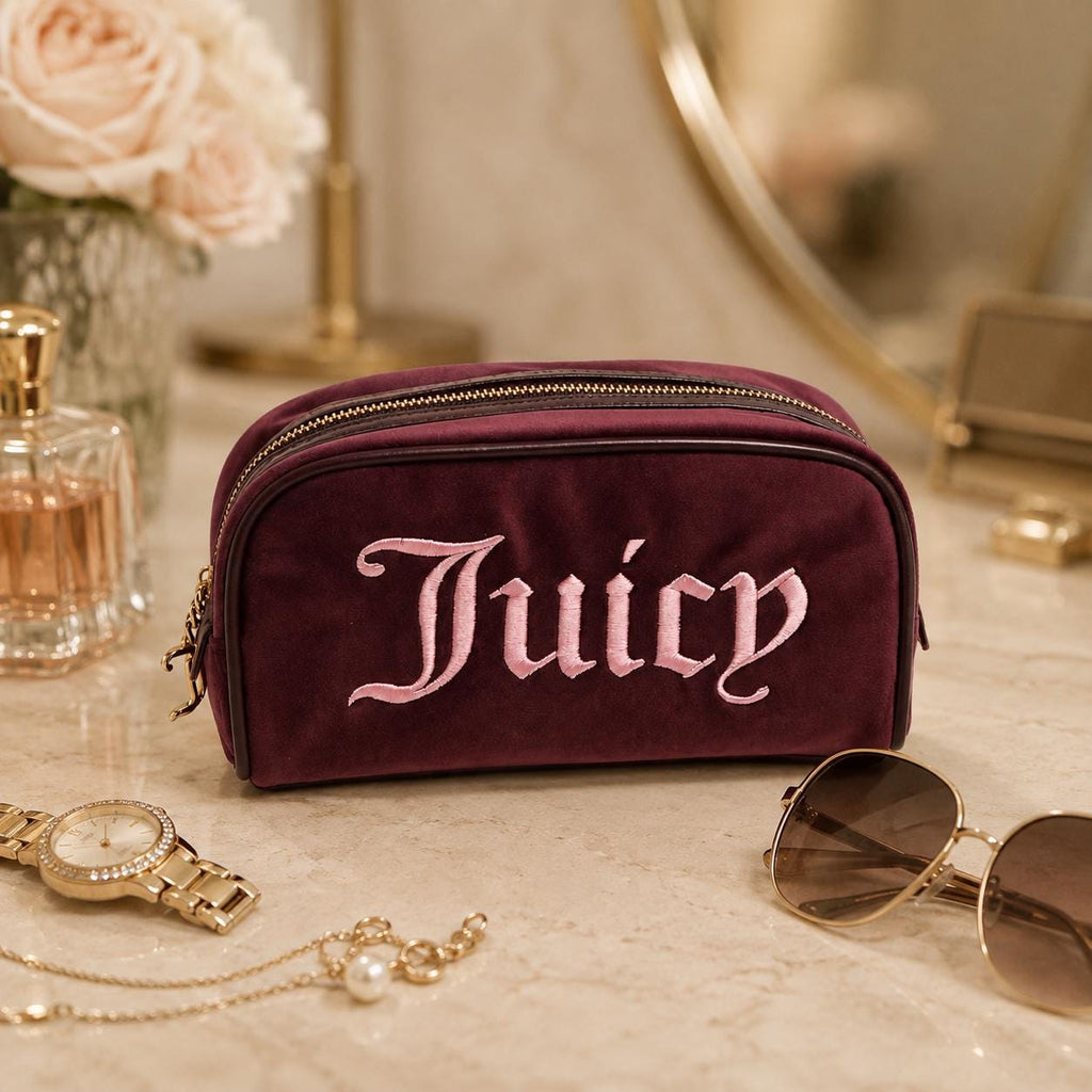 Juicy Couture Burgundy Velour Cosmetic Bag, Pink Embroidered Makeup Bag, Gold Zip Beauty Case, Makeup Storage Bag, Gift for Her