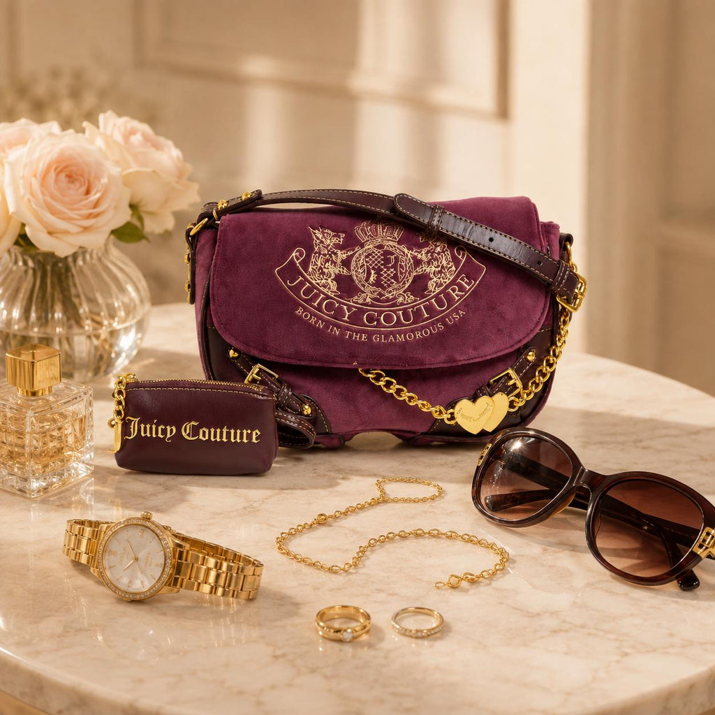 Juicy Couture Burgundy Velour Crossbody Bag, Gold Heart Charm Saddle Shoulder Bag, Dusty Rose Designer Handbag