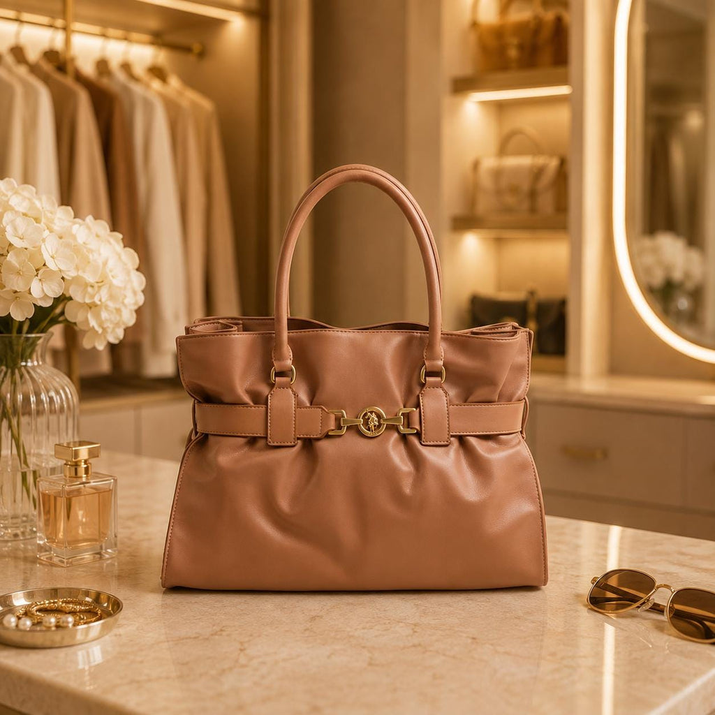 U.S. Polo Assn. Peach Jane Tote Bag, Large Womens Handbag, Gold Horsebit Shoulder Bag, Everyday Work Bag, Gift for Her