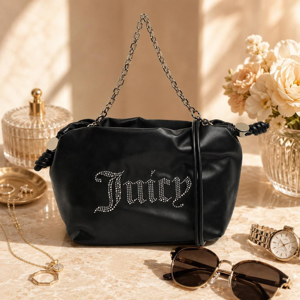 Juicy Couture Black Satchel Bag with Wallet, Silver Chain Shoulder Bag, Studded Logo Handbag, Women’s Designer Purse